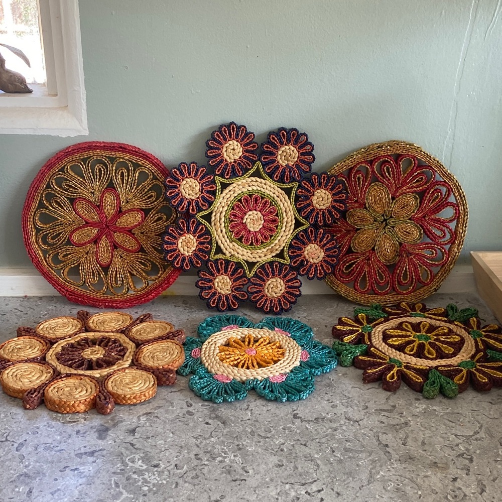 6 Raffia trivets Mandala Fiber boho pot holders colourful kitchen